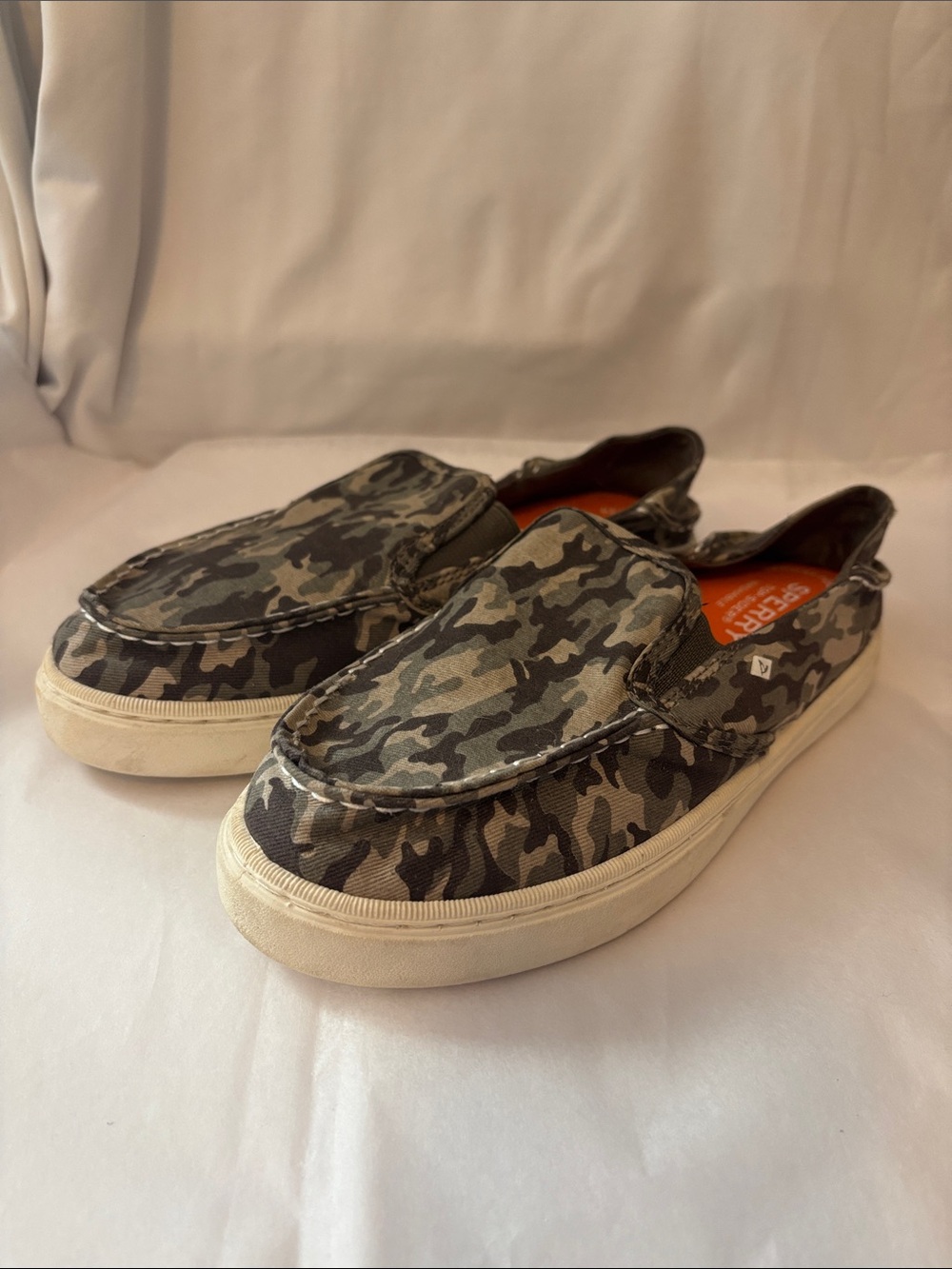 Sperry Gray Camo Slip-On with Orange Insole